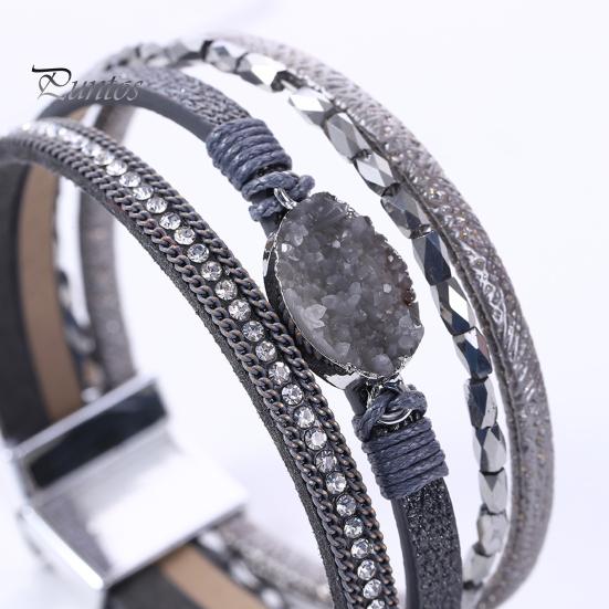 Women Cuff Bangle Four Layers Faux Crystal Rhinestone Retro Fake Leather Magnetic Clasp Girls Wrap Bracelet Fashion Jewelry Gift