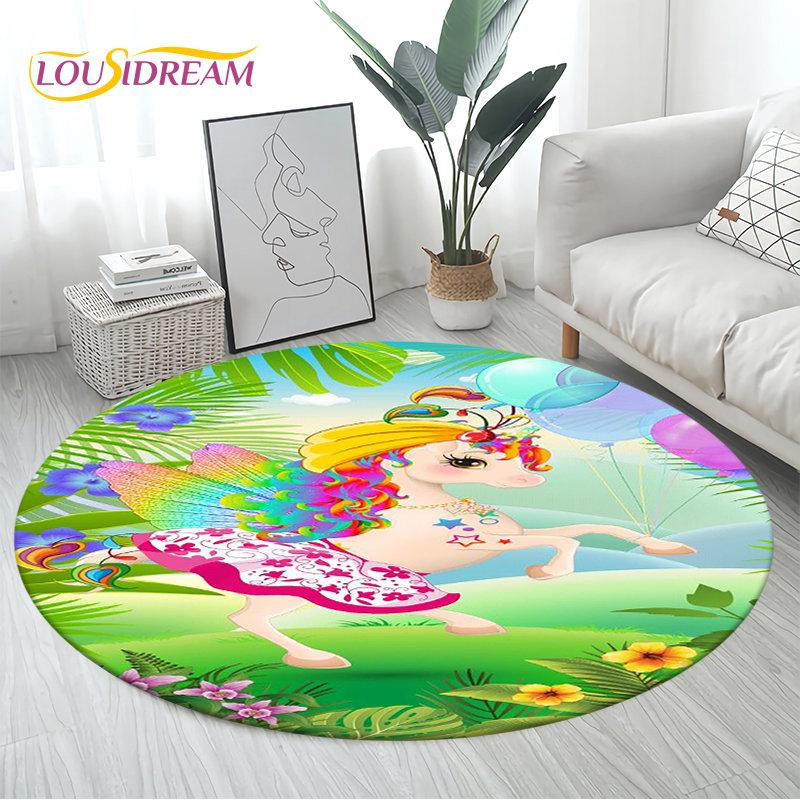 3D Cartoon Cute Unicorn Area Rug Large,Round Carpet Rug for Living Room Bedroom Sofa Decoration,Children Play Non-slip Floor Mat