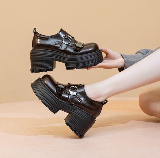 Fashion 9cm Thickened Women's Single Shoes Increase Petite Vintage Style British Style Flat Top Leather Shoes Daily Use Round Toe Shoes