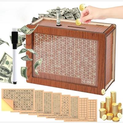Euro Saving Money Box Piggy Bank Cash Wooden Savings Challenge Box with Money Target Numbers