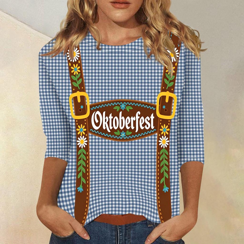 Damen Casual Dreiviertelarm Oktoberfest-Aufdruck Rundhals-Shirt Gestreiftes Muster Oktoberfest-Thema Oberteil