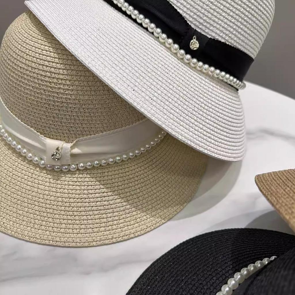 Straw Hat Ins Pearl M Letter Bucket Fisherman Hat Children Spring and Summer Fashion Versatile Basin Hat