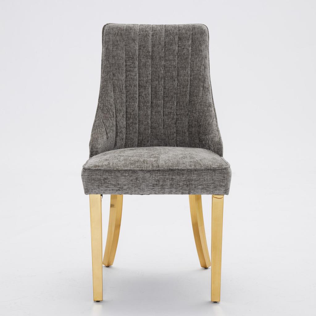 Rayon Cloth Flocking Chenille Dining Chairs, Comfy Upholstered Accent Chair with Golden Stainless Steel Plating Legs, Set of 2 (Gray), DE1647GY