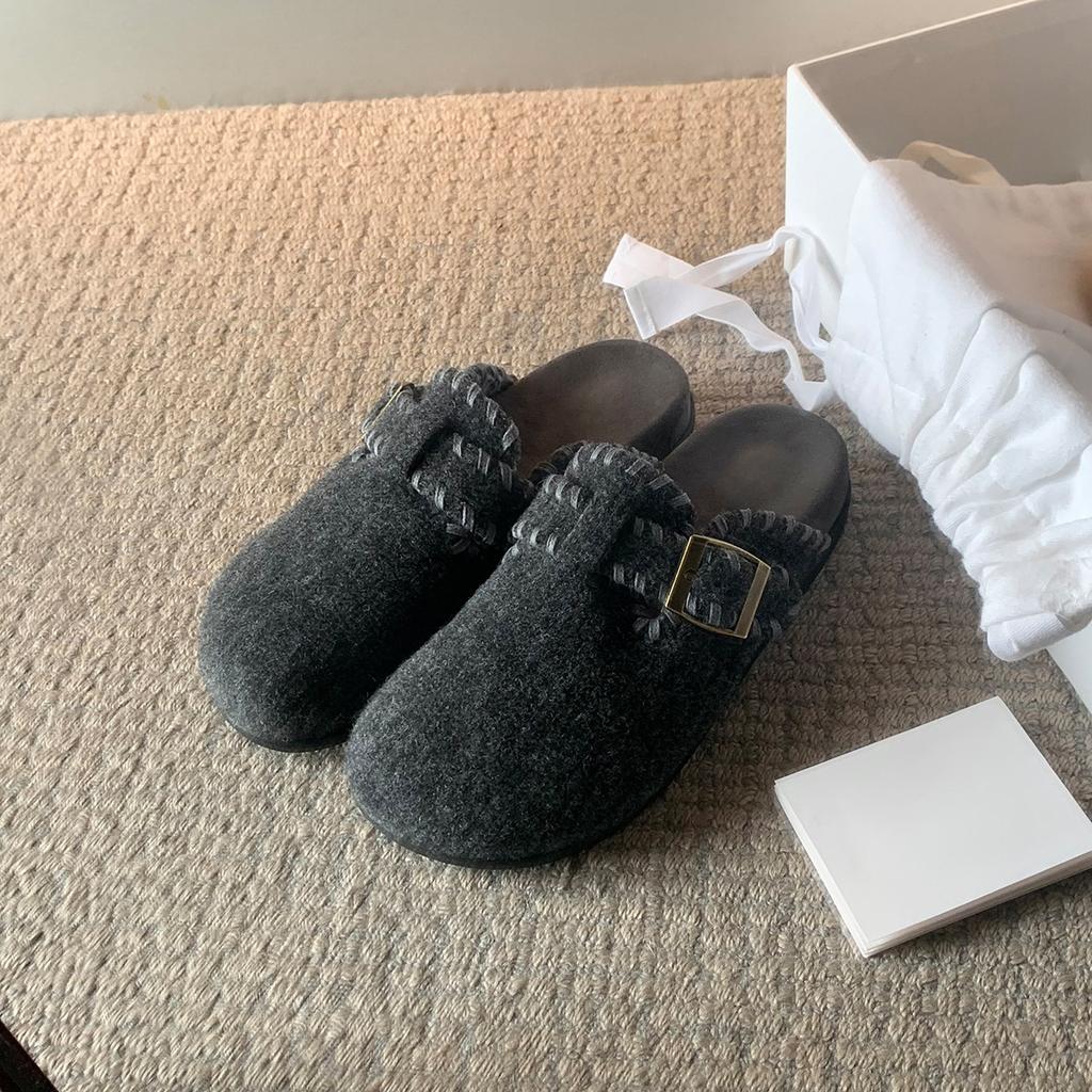 Soft Wool~ Leather Thick-soled Velvet Bag Head Half Slippers Women's Autumn and Winter New Outer Wear One Pedal Mao Mao Birkenstocks