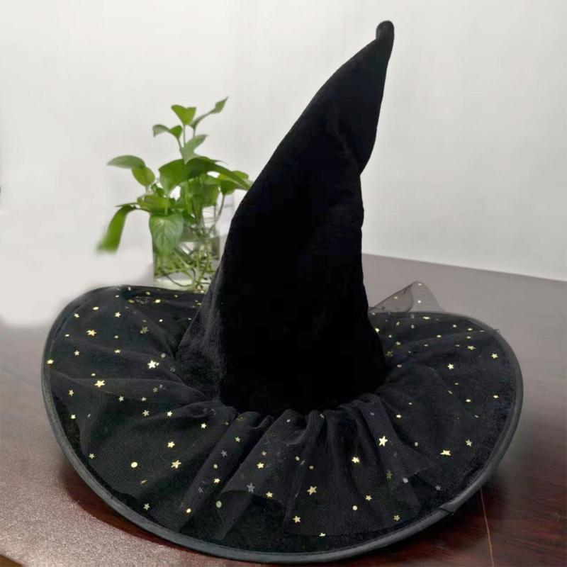 Halloween Wizard Hat Star Lace Witch Hat Witch Caps Wizard Costume Accessories for Masquerade Party Decor Cosplay Props