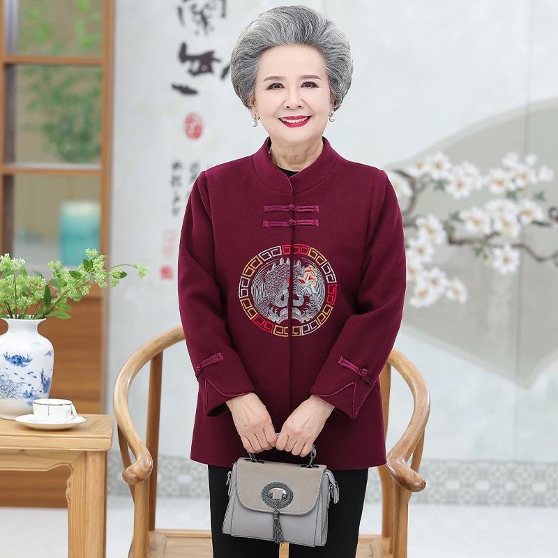 Vintage Women's Spring Woolen Coat - Retro Tang Suit for Middle-Aged and Elderly Ladies