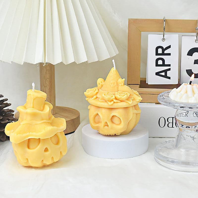 3D Pumpkin Skull Wearing Wizard Hat Shape Candle Silicone Mold For Making Candle, Resin, Aromatherapy Candle