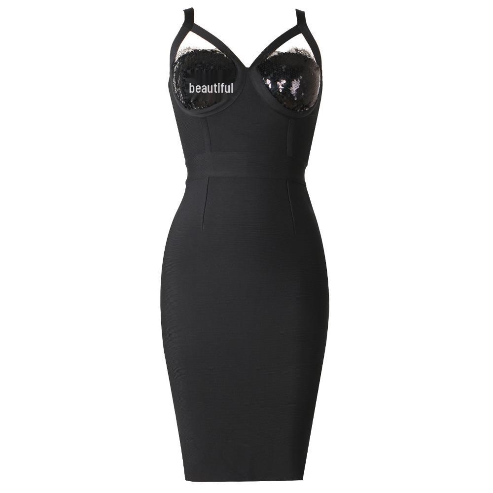 Sequin Lace Cross-Strap Knit Bandage Dress