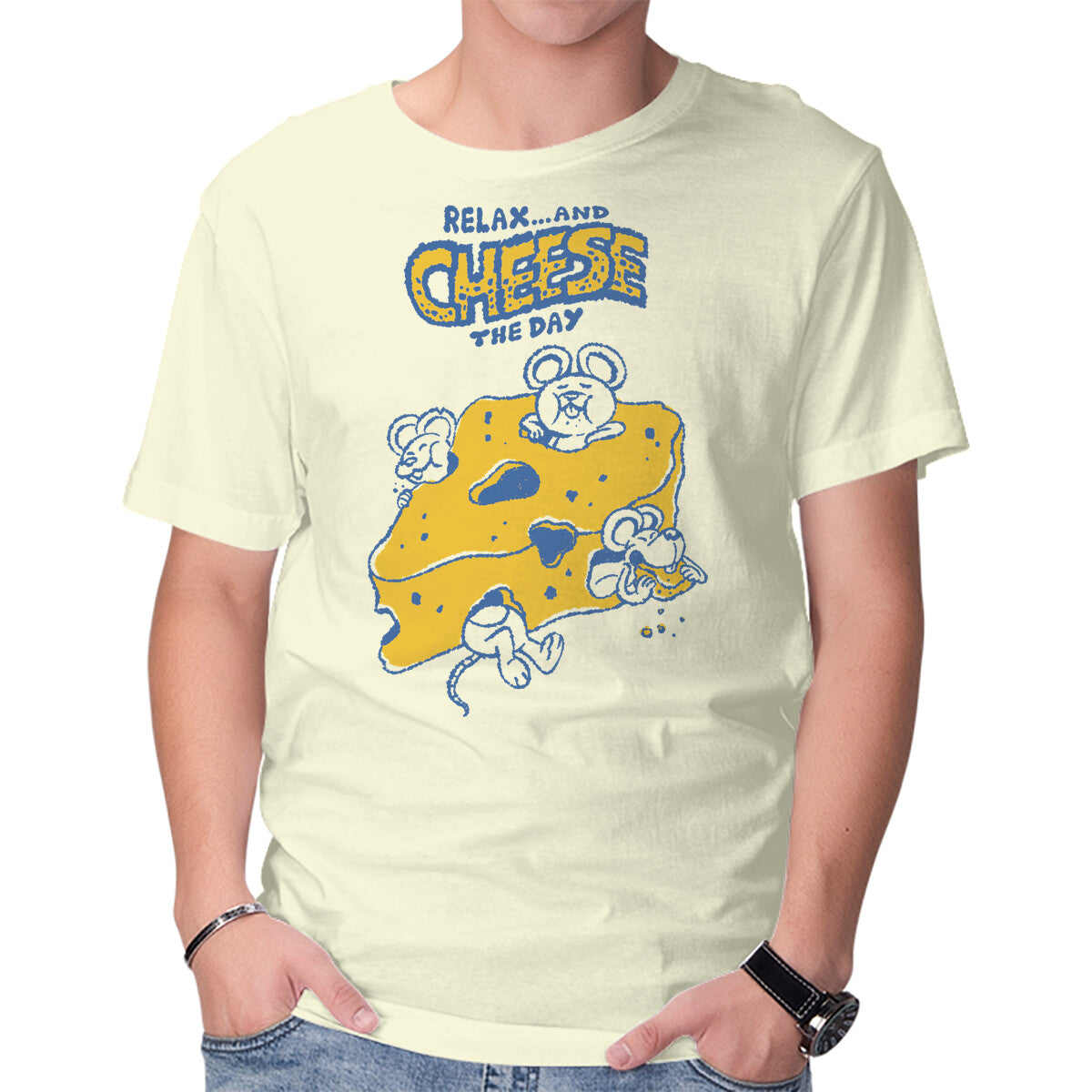 Unisex Crew Neck T-Shirt Cheese The Day Graphic Short Sleeve Casual Tee XS
