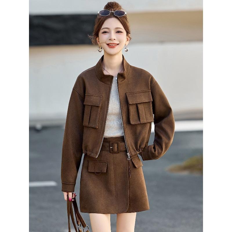 Short stand-up collar suede jacket women's, autumn new casual retro jacket top