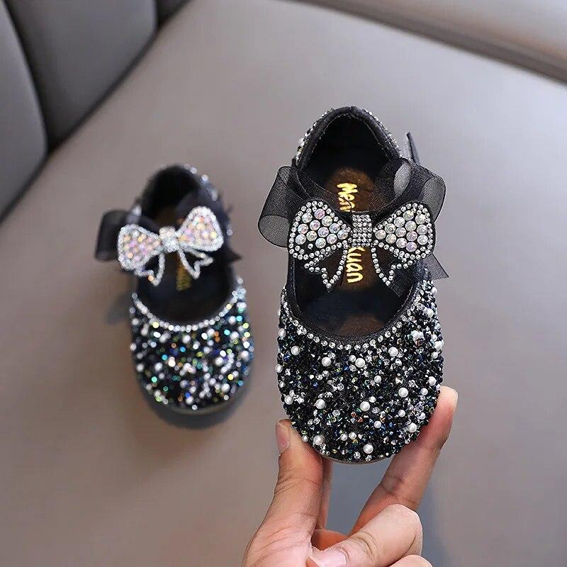 Children's Sequined Leather Shoes Girls Princess Rhinestone Bowknot Single Shoes Fashion Baby Kids Wedding Shoes