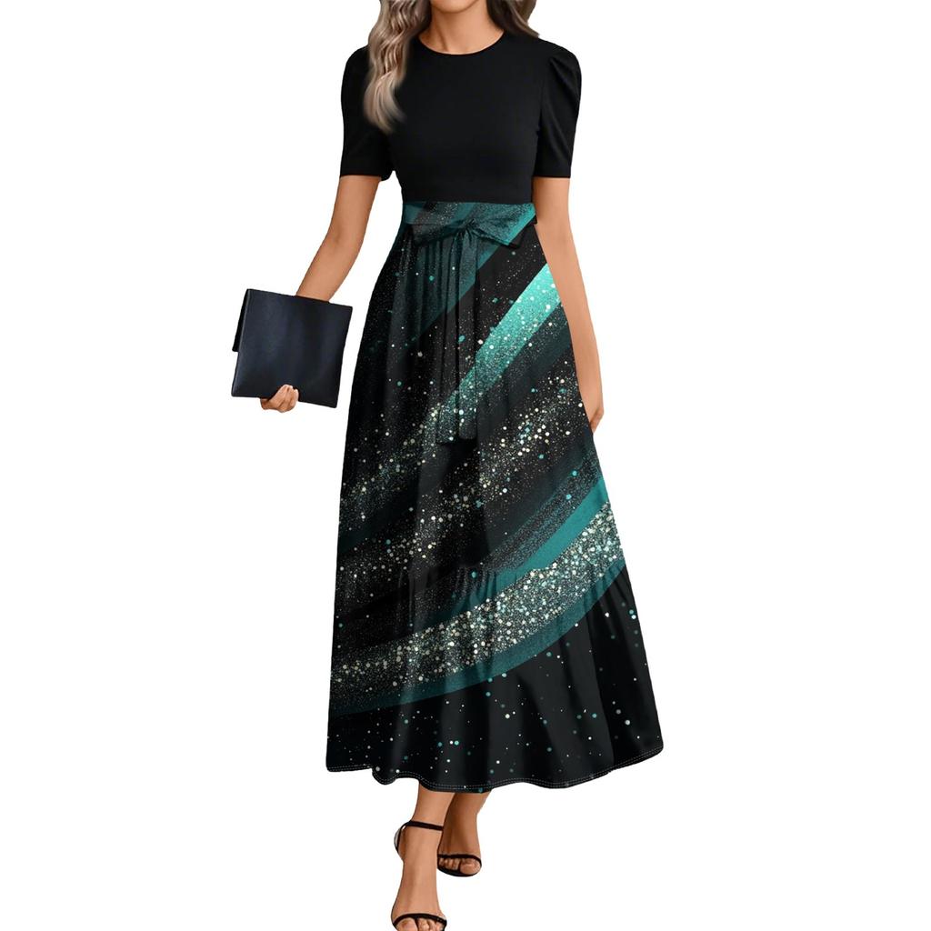 Ladies Fashion Casual Belt Short Sleeve Round Neck Floral Print Splicing Elegant Temperament Dress