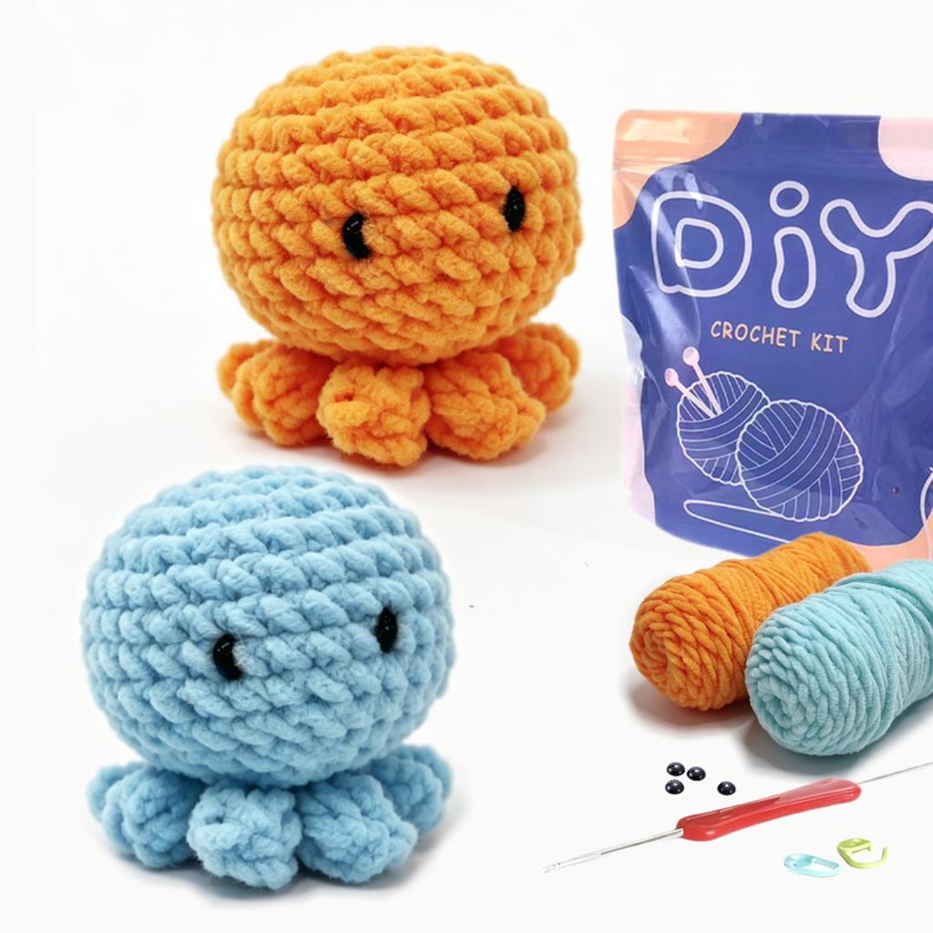 2Pcs Cute Octopus Crochet Kit for Beginners, DIY Complete Material Pack with Video Tutorials, Handmade Craft Gift