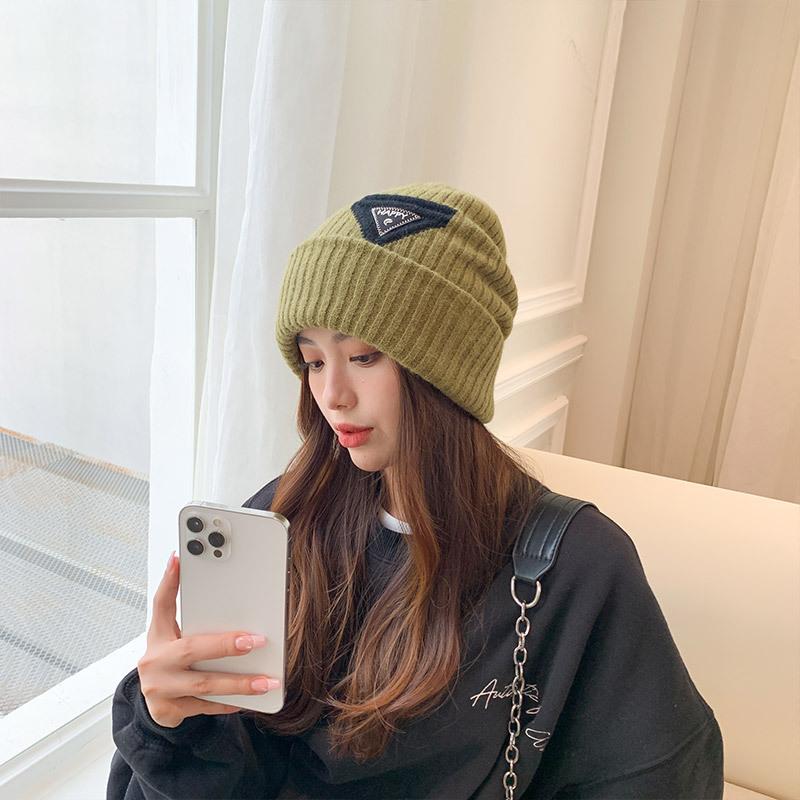 Triangle standard embroidered knitted hat men's and women's casual big head circumference wool hat autumn and winter warm face small hat