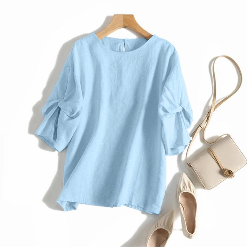 ZANZEA Women Round Neck Solid Color Casual Short Sleeve Blouse