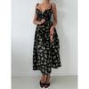 Women's Summer Lemon Floral Print Spaghetti Strap Midi Dress Tie Front Low Cut High Waist Side Slit Elegant Vacation Party Dress