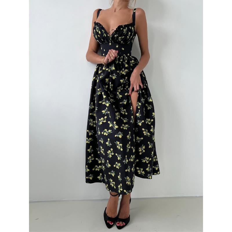 Women's Summer Lemon Floral Print Spaghetti Strap Midi Dress Tie Front Low Cut High Waist Side Slit Elegant Vacation Party Dress