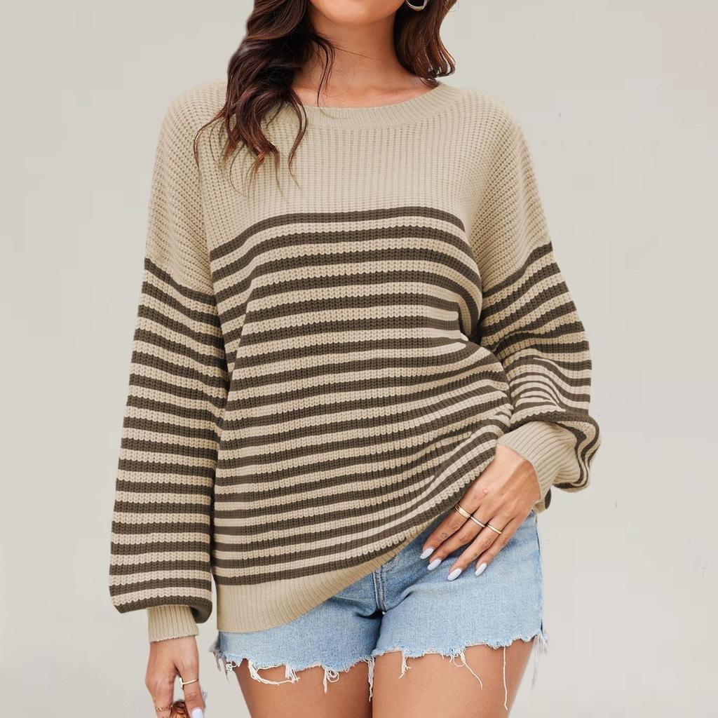 QICED Autumn Winter O-Neck Striped Loose Large-size Sweater for Women