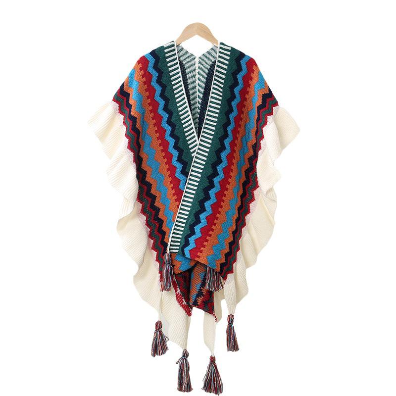 Ruffled Ethnic-Style Knitted Shawl for Travel - Warm & Thickened