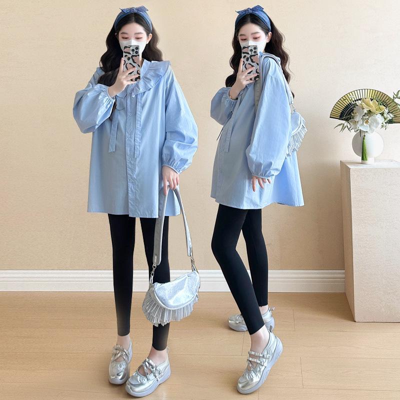 

Autumn 2026 Quality Maternity Wear: Trendy Long Sleeve Mid-Length Doll Shirt for Moms 2XL синій