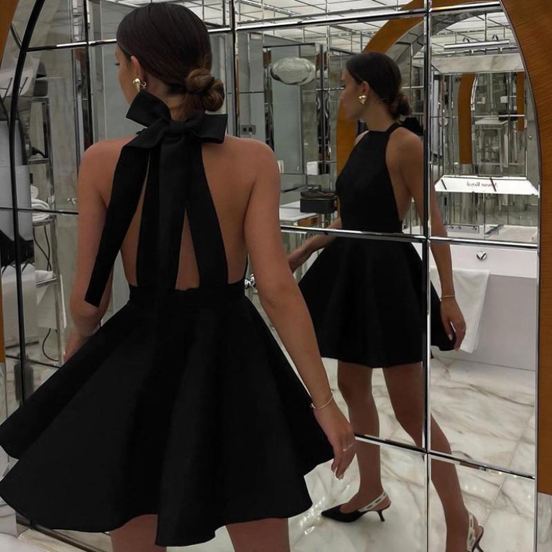 LYRIA French Style Sexy Black High-waist Sleeveless Halter Neck Dress, New European and American Fashion Short Dress