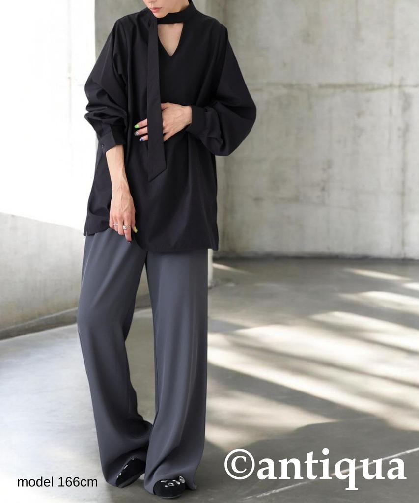 antiqua Tie Layered Shirt One Size Black Women's Blouse, PK-01317, 05,