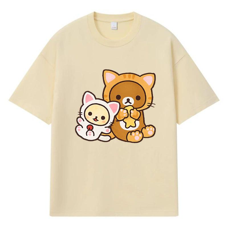 2026 Cat And Bear Printed Graphic Y2k Harajuku Streetwear 100% Cotton T Shirt Casual Oversized Summer Men T-shirt