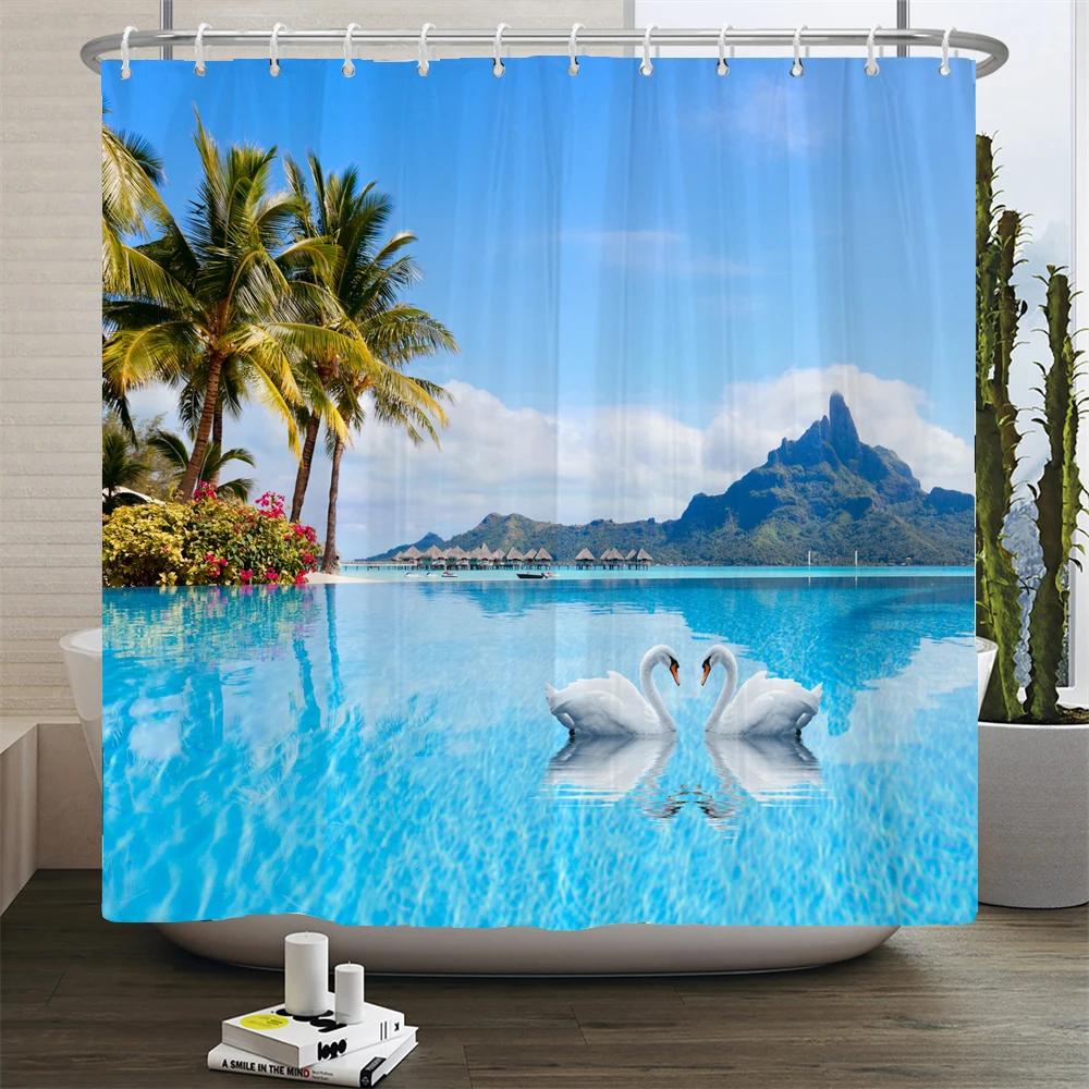Waterproof Shower Curtain For Bathroom Sunny Sea Beach landscape Print Bathtub Curtains Polyester Bathroom Curtain with 12 Hooks