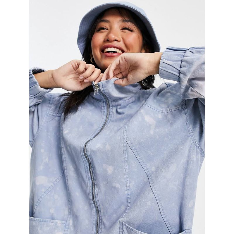 

Pure Cotton Stand Collar Washed Long Sleeves Denim Outwear Denim Blue 14