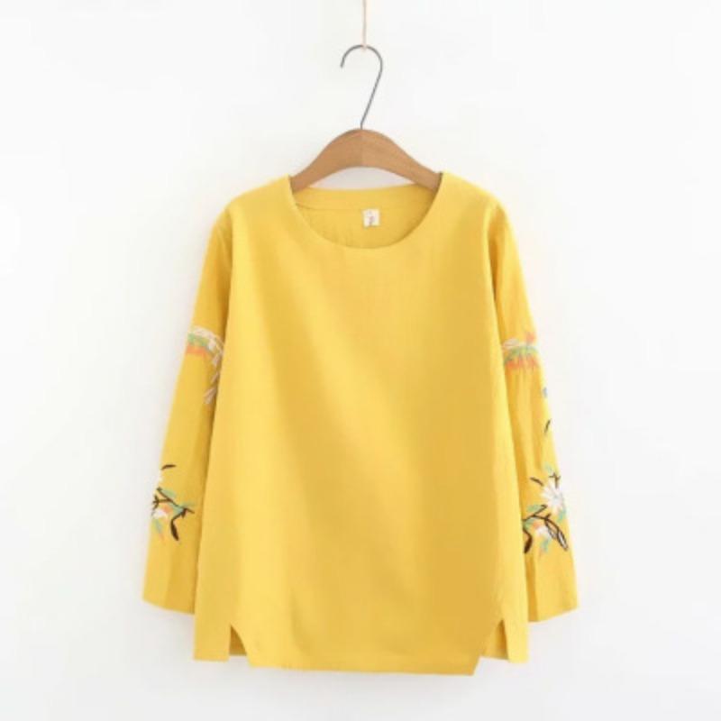 

Хлопковая вышитая рубашка с длинными рукавами и большим размером, базовая футболка весна-лето, женская футболка в стиле ретро с белым верхом, женская футболка 3XL жёлтый