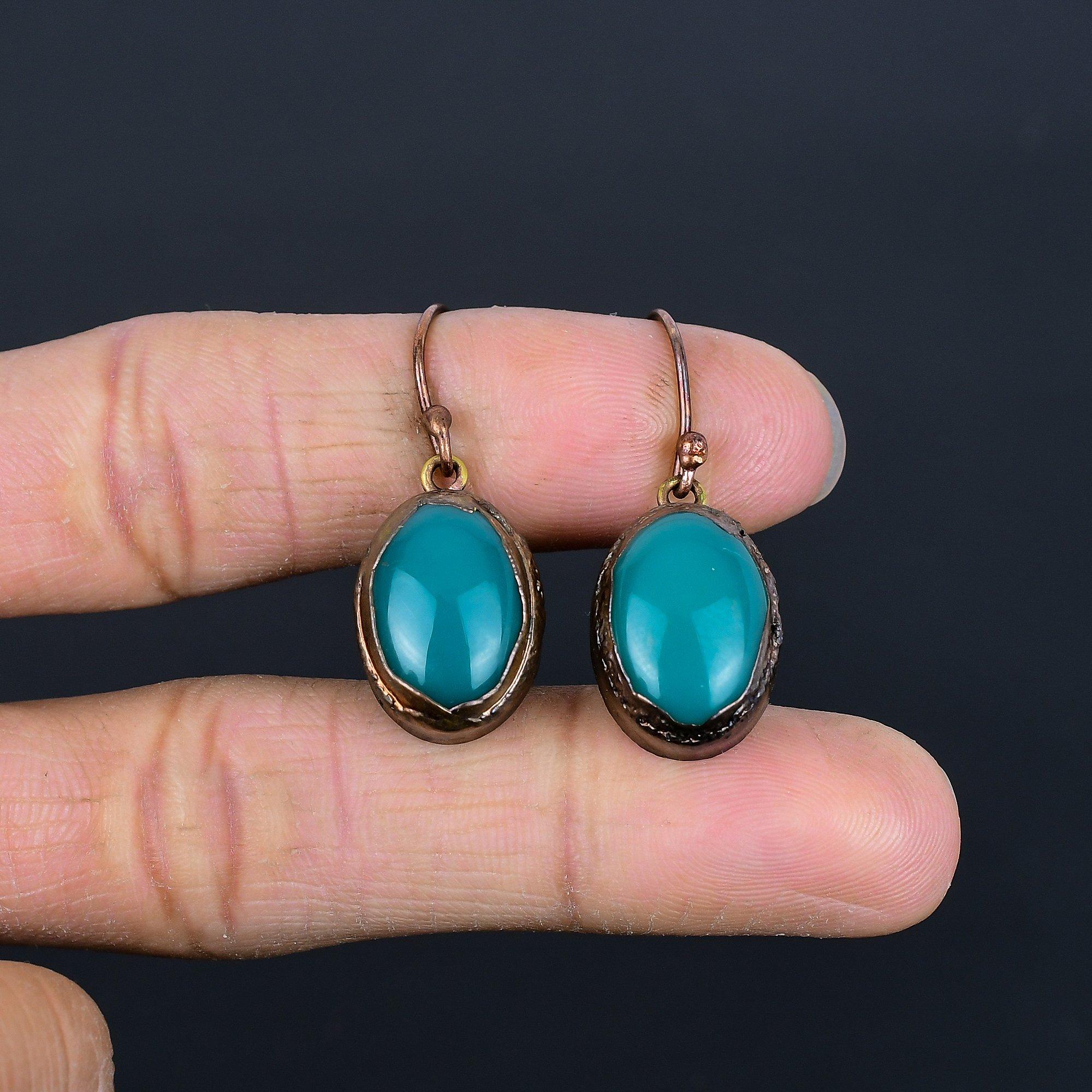 

Green Chalcedony Copper Electroformed Earrings, Handmade Gemstone Earrings Jewelry, Gifts For Wife Brand New Earrings 2.55 Inches