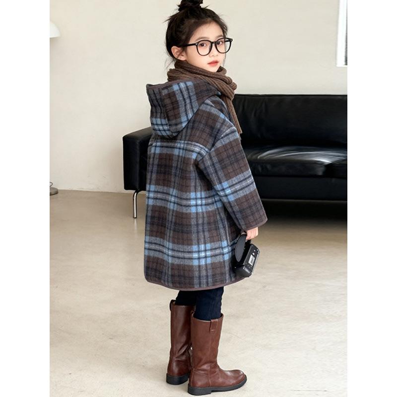 Girls' Mid-Length Plaid Wool Coat - 2025 Autumn/Winter Korean Style Fashion