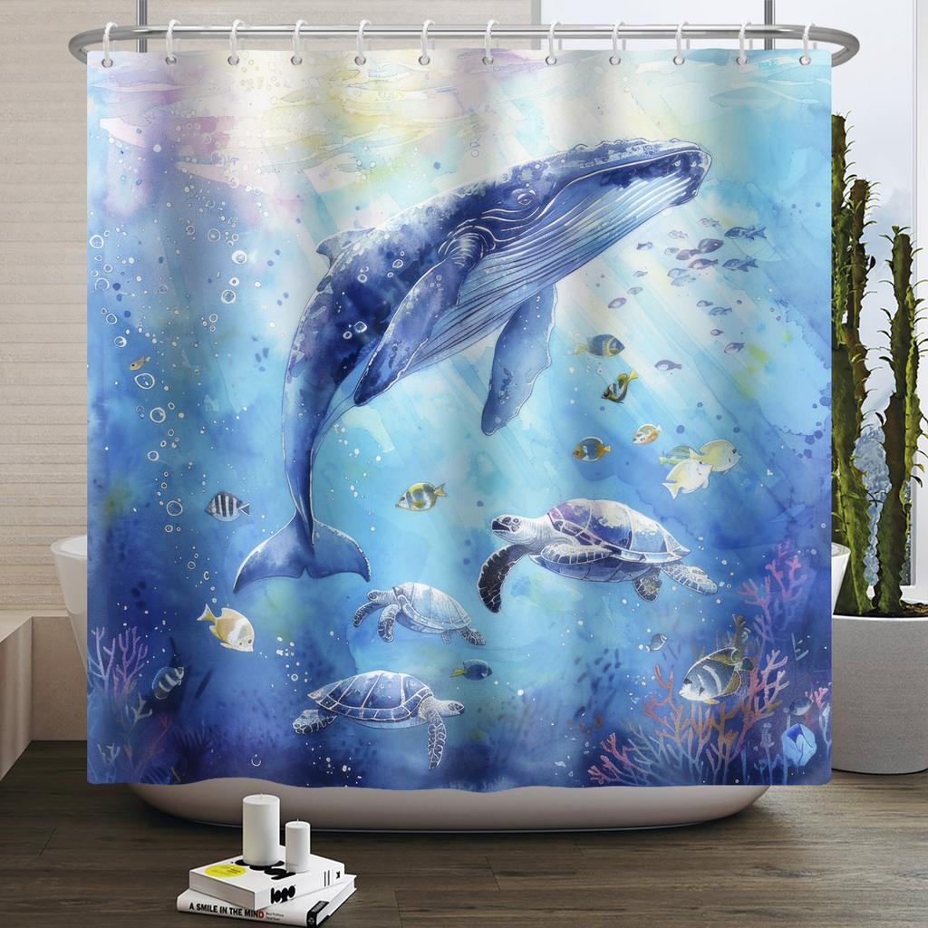 Ocean Theme Shower Curtain Underwater Marine Animal Patterns Sea Turtle Dolphin Whale Jellyfish Print Waterproof Bathroom Decor