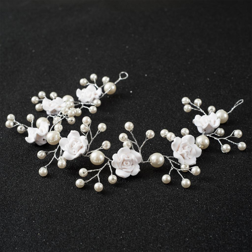 Bridal White Flower Headband Soft Ceramic Rose Headdress Pearls Hair Vine for Banquet Wedding Masquerade
