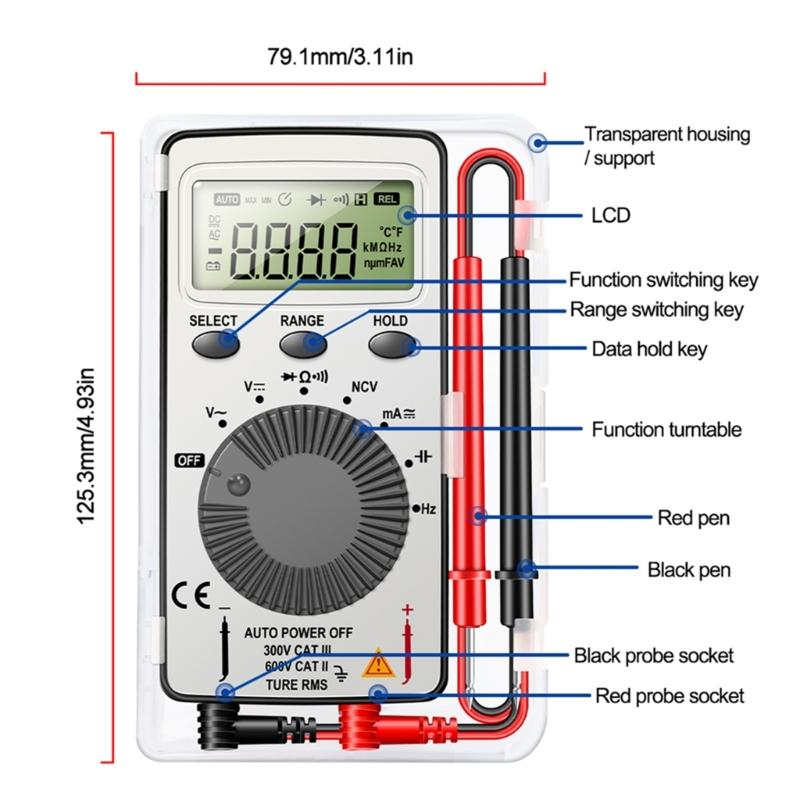 Portable Multimeter 1999 Counts Digital Multimeter Voltmeter Auto-Ranging for Testing Voltage Current Resist Continue