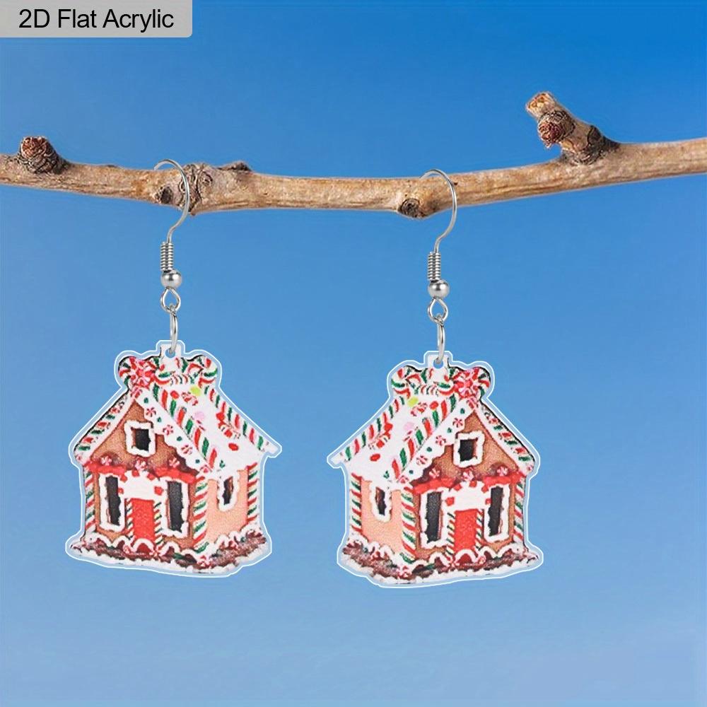 2D Flat Candy Cane House Dangle Earrings, Lightweight Acrylic Material, Suitable for Women, Ideal for Party Gifts, Jewelry, and Christmas Gifts.