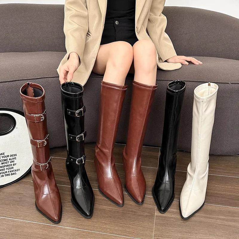 Fashion High Quality Fashion Boots Brown Knee High Boots Women's Shoes Back Zipper Retro Black Motorcycle Boots Fashion Women's Shoes