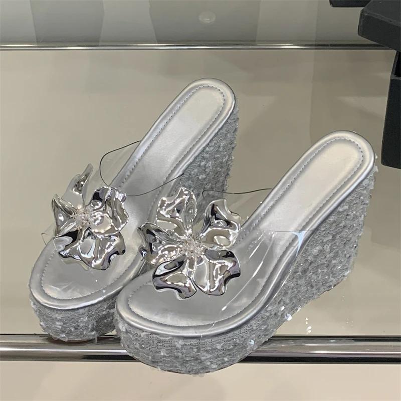 Eilyken Designer Crystal Sequin Cloth Platform Wedge Heels Women's Slippers Street Style PVC Transparent Banquet Shoes