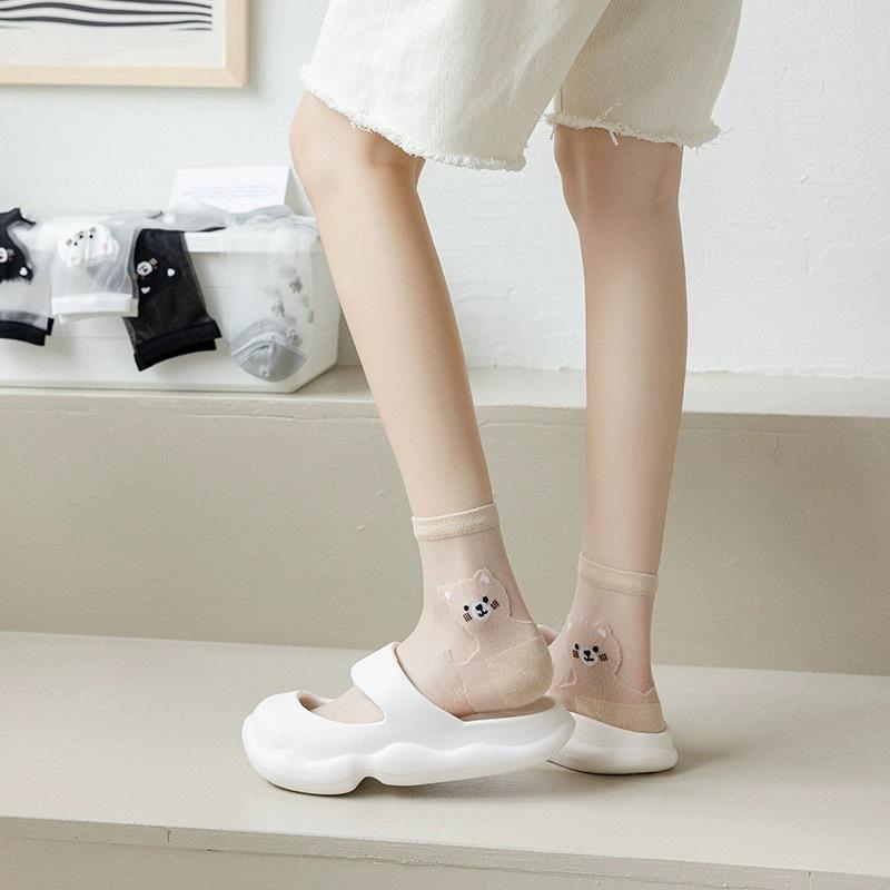 5/10 Pairs Women Little Bear Pattern Transparent Mid Tube Socks Spring Summer Thin Breathable Soft Comfortable Casual Socks