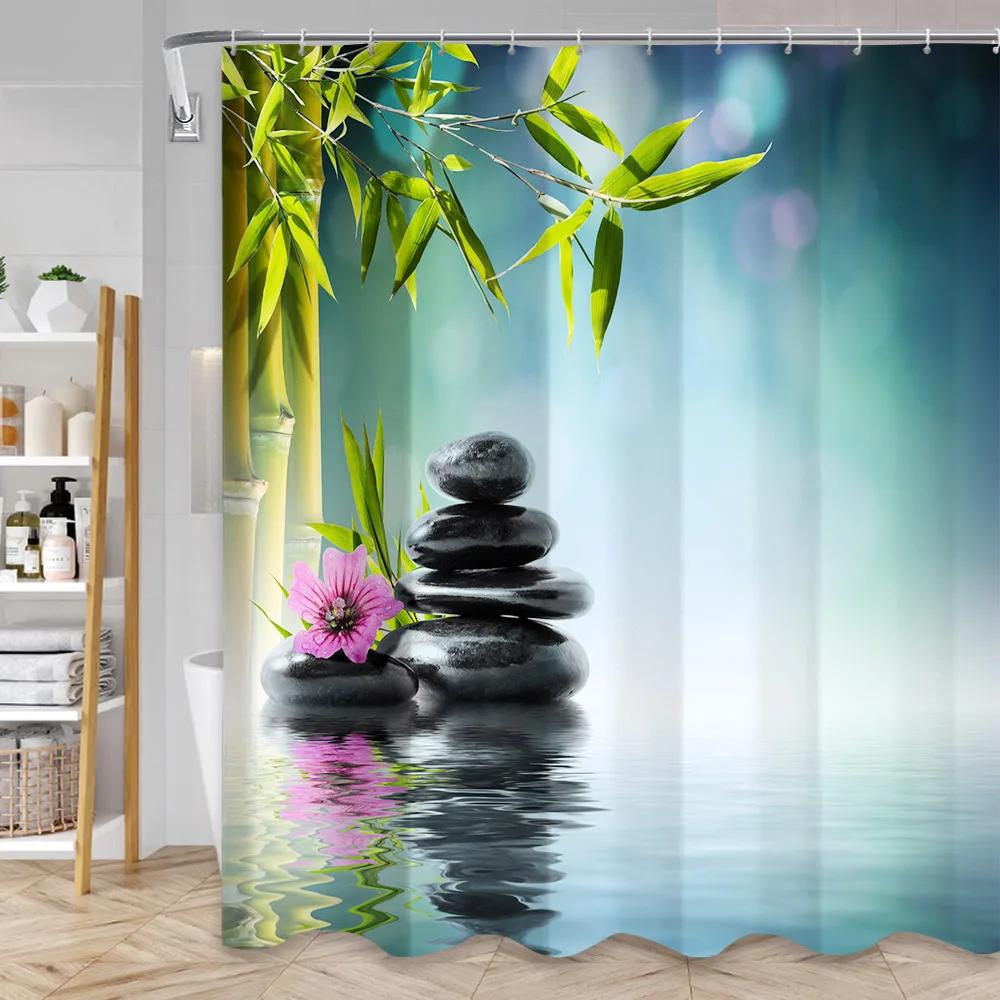 Green Bamboo Zen Shower Curtains Set, Spa Stones and Orchids Flowers Polyester Fabric Bath Curtain with Hooks Bathroom Decor