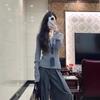 Slim-fit Gray Neck Sweater Lazy Style Knitted Sweater Spring Thin Spice Style Long-sleeved Inner Top Women