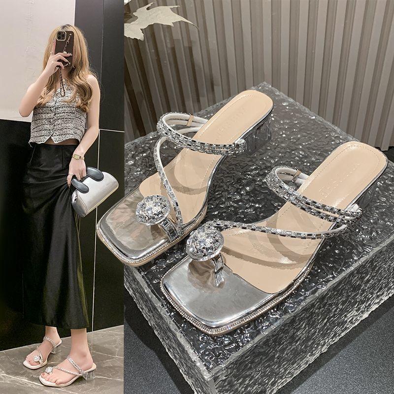 Pigeon Egg Rhinestone Toe Cold Slippers Two Wear Beach Sandals French Thick Heel Slippers Women Wear 2025 Autumn New