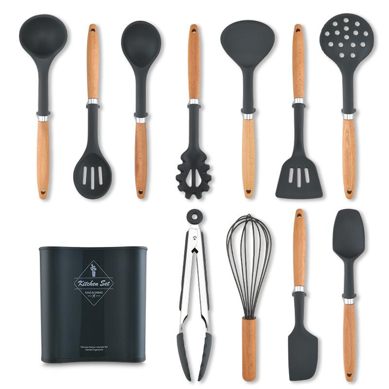 

12 шт. силиконовые кухонные принадлежности набор с деревянной ручкой кухонные принадлежности для выпечки кухонные принадлежности аксессуары ведро для хранения 12-piece set