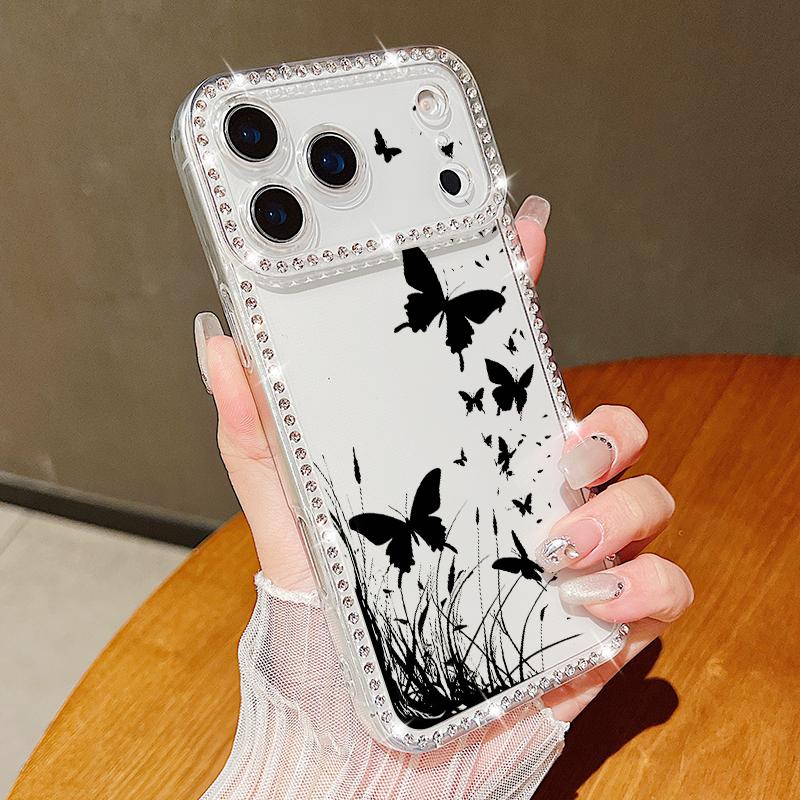 Diamond Case For iPhone 17 Pro Max Crystal Butterfly Print Clear TPU Silicone Soft Cover For iPhone 16 Pro Max 15 14 13 11