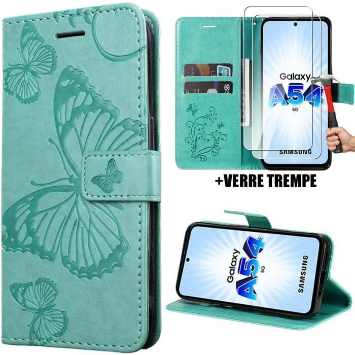 Coque de protection - BOOLING - pour Samsung Galaxy A54 5G - Effet cuir vert - Motif papillon - 2 protections d'écran
