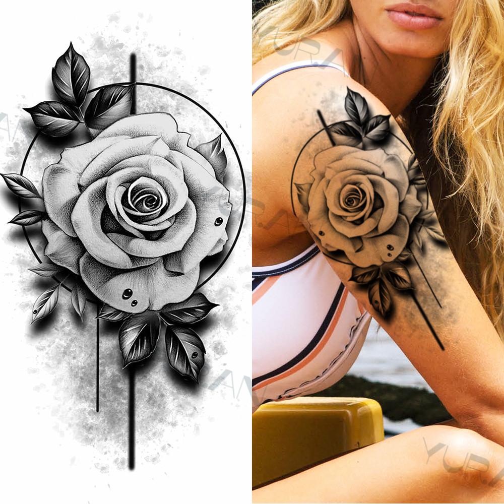 Zwarte Grote Slang Bloem Fake Tattoo Sticker Voor Vrouwen Dot Rose Pioen Tijdelijke Tattoos DIY Water Transfer Tatoos Meisjes
