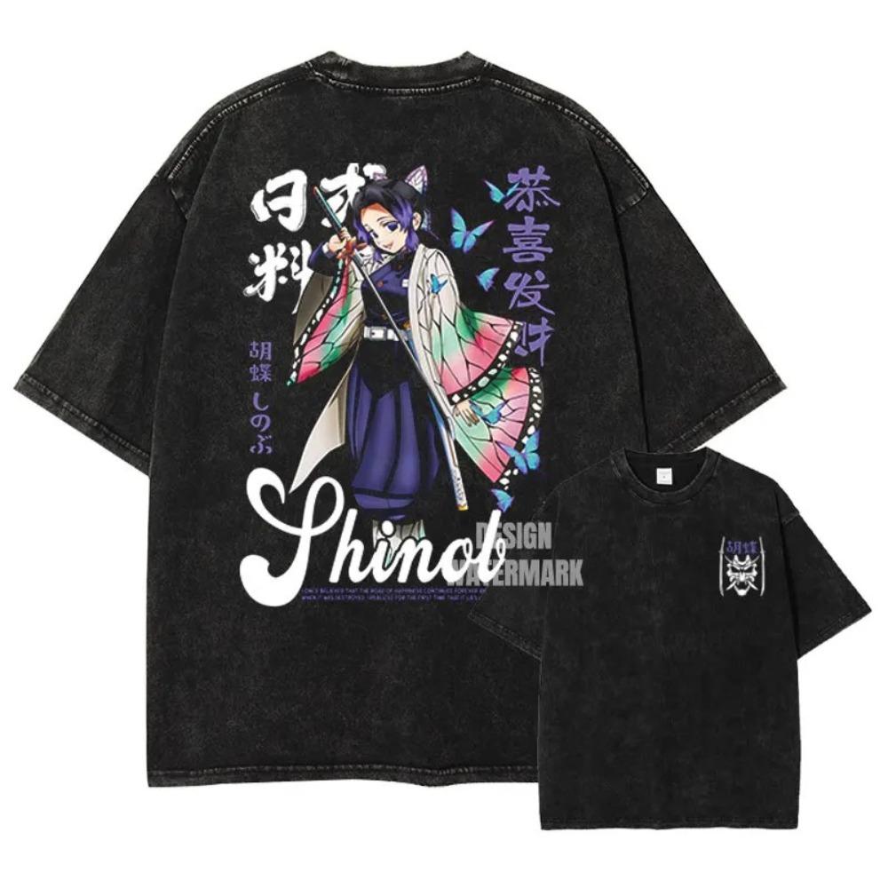 Demon Slayer Nezuko Vintage Washed Doppelseitiges Grafik-T-Shirt, Sakura & Blutdämonenkunst Oversized Streetwear Tee, Unisex Anime Freizeit-Oberteil