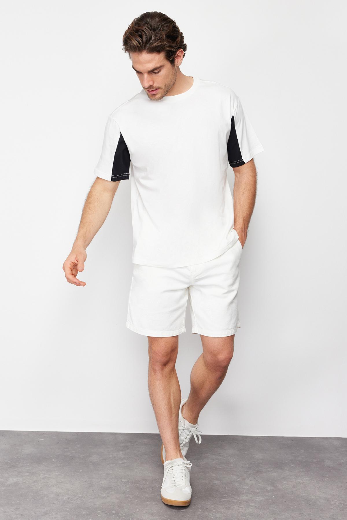 

Men s Fashion New T-Shirt Ecru Relaxed Comfortable Cut Color Blocked 100% Cotton T-Shirt M экрю