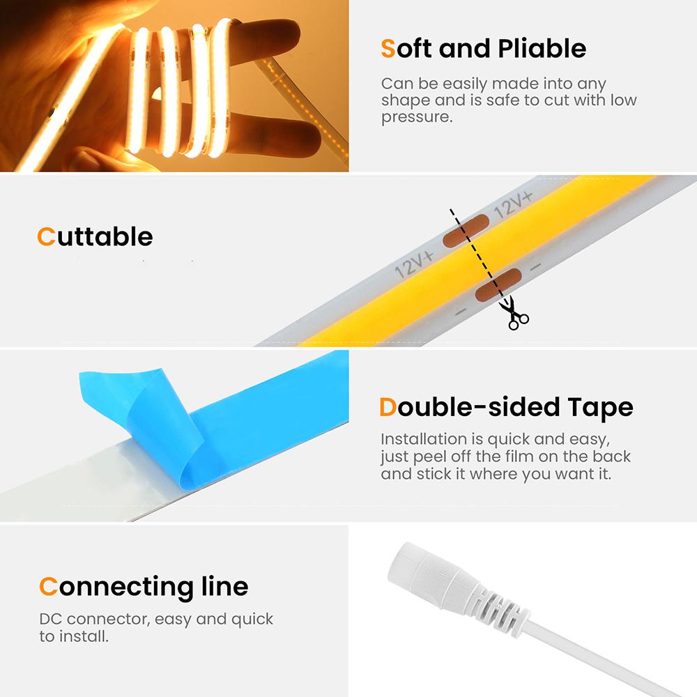 BMW 12V 24V 3mm 5mm PCB COB LED Strip Light 384LED/m 2Pin Wire/DC Plug High Density Linear Lighting 3000K 4000K 6000K 8mm Flex Tape