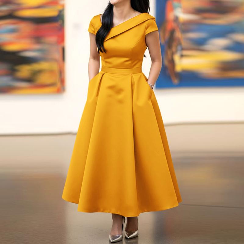 ZANZEA Women Elegant Irregular Collar Short Sleeve Casual Dress XL жёлтый